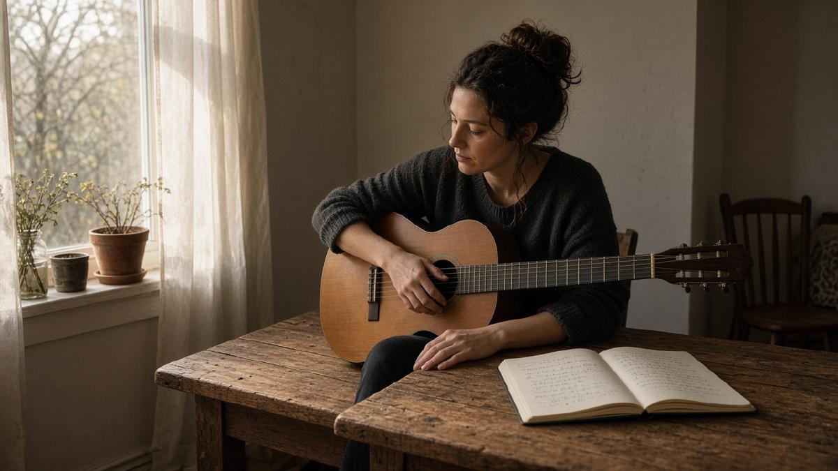 A songwriter with a guitar and a notebook