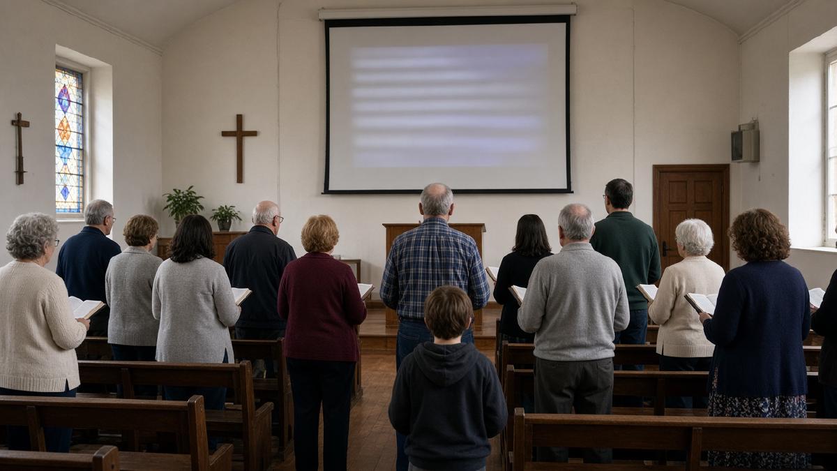A small congregation singing with the words on a screen