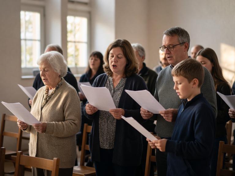 People singing from printed sheets in a small church room