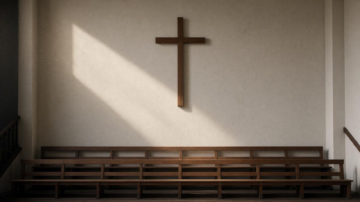 A wooden cross above an empty choir loft