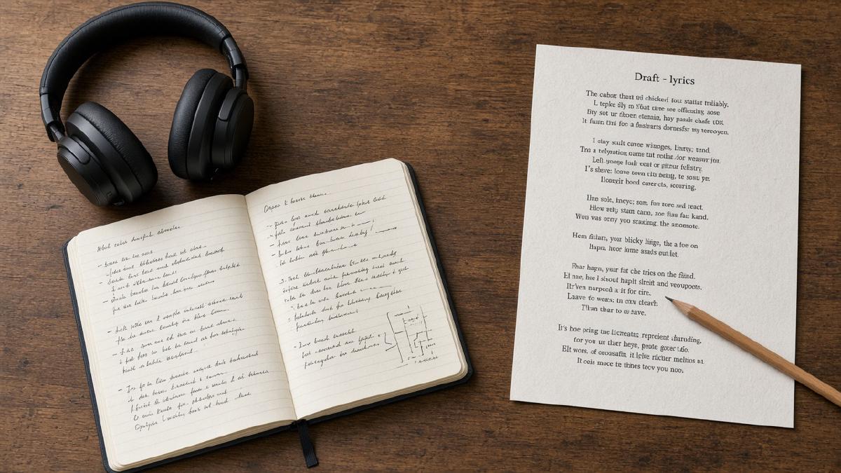 A desk with headphones, a notebook, and a printed lyric sheet