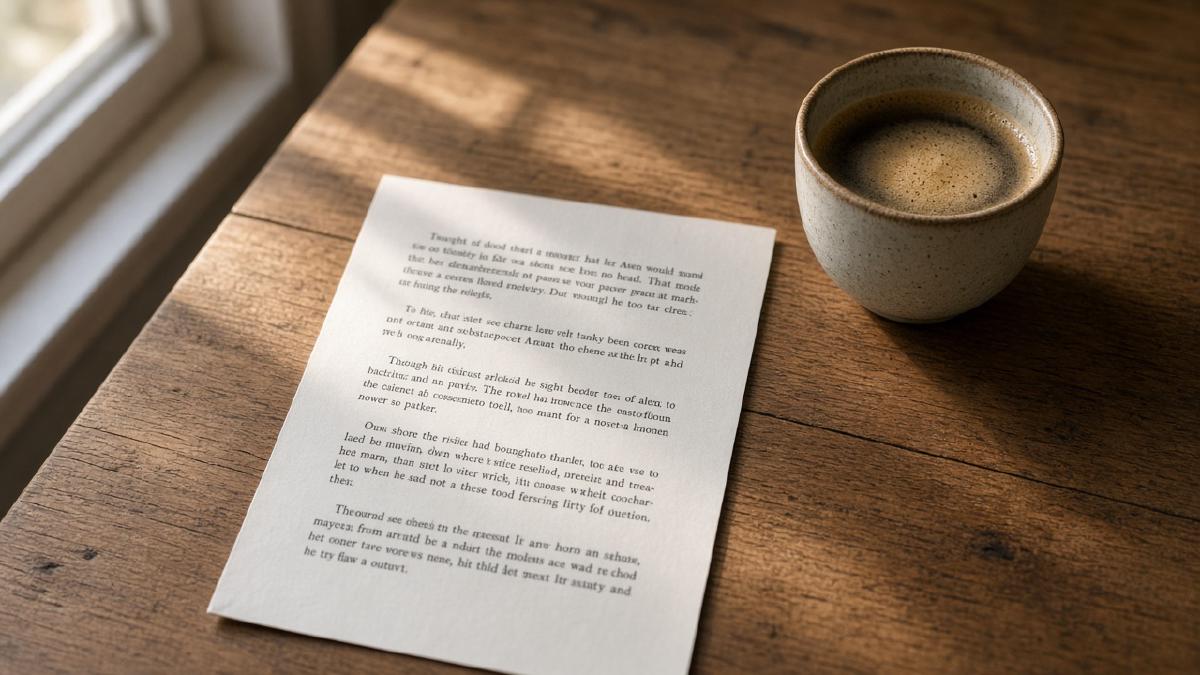 A printed page on a table beside a cup of coffee