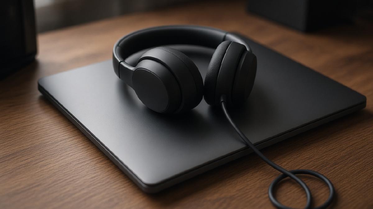 Headphones resting on a closed laptop