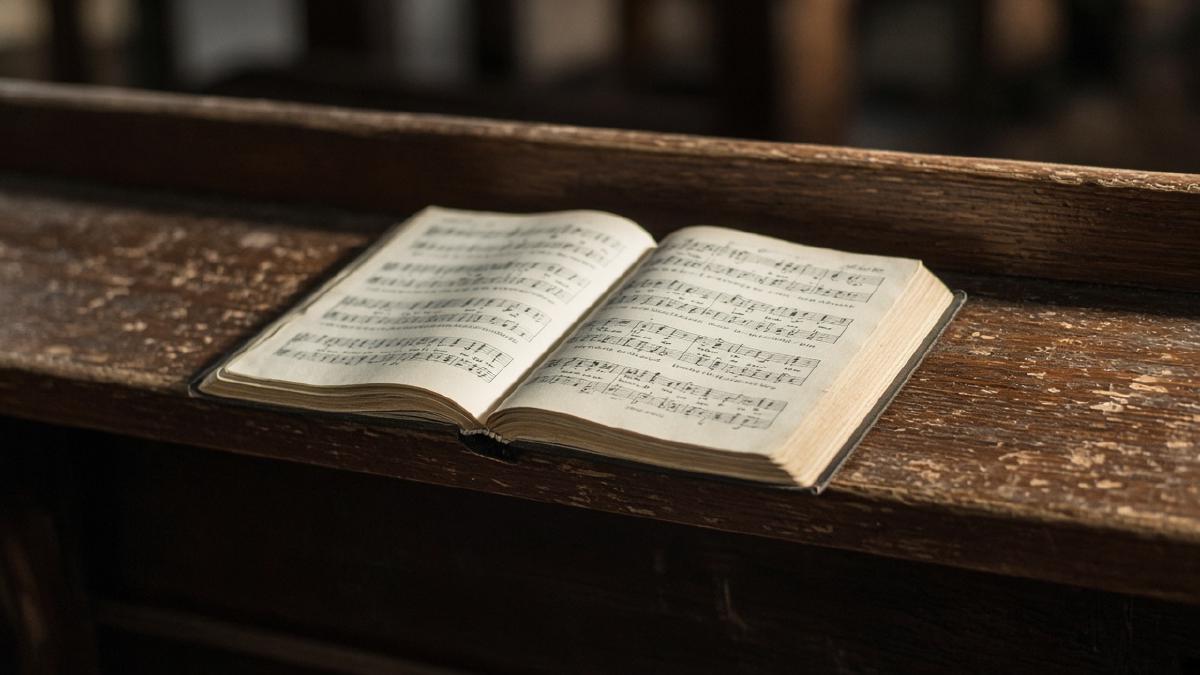 Open hymnals on a pew